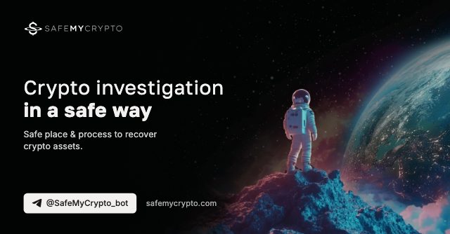 SafeMyCrypto banner, 1200 by 627: the logo, the line "Crypto investigation in a safe way" and @SafeMyCrypto_bot
