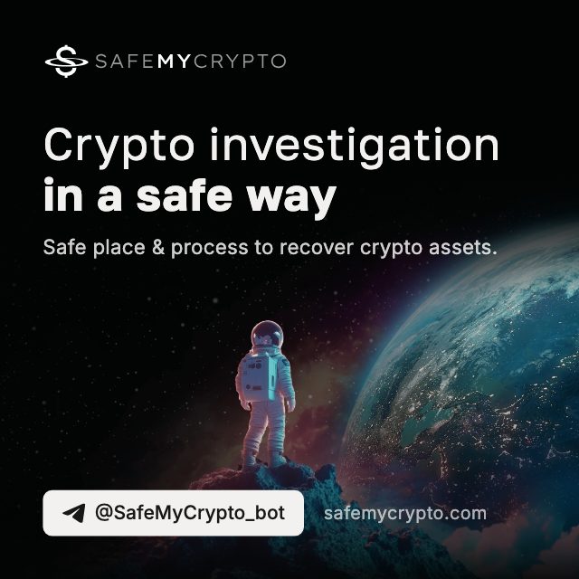 SafeMyCrypto banner, 1080 by 1080: the logo, the line "Crypto investigation in a safe way" and @SafeMyCrypto_bot