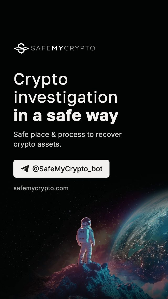 SafeMyCrypto banner, 1080 by 1920: the logo, the line "Crypto investigation in a safe way" and @SafeMyCrypto_bot