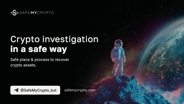 SafeMyCrypto banner, 1600 by 900: the logo, the line "Crypto investigation in a safe way" and @SafeMyCrypto_bot